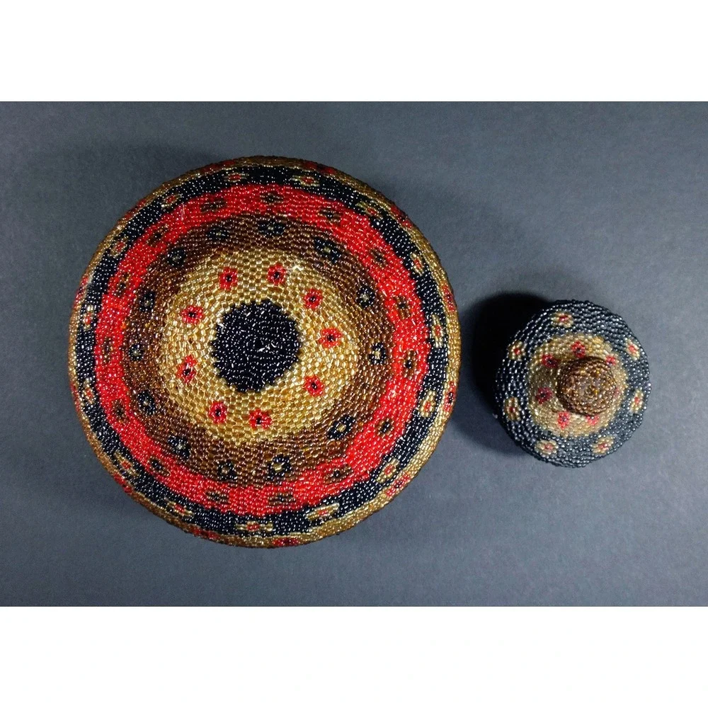 decorative folk art multicolor BEADWORK BASKET w Lid handcrafted Bali Indonesia